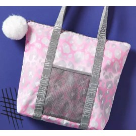 Justice Pompom Zipped Pink Grey Leopard Tote Bag