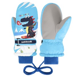 Jupsk Kids Winter Ski Gloves Waterproof Snowboard Mittens Anti Slip Plush Lined Warm Dinosaur Gloves for Toddler Children Girls Boys 6-12 Years Old