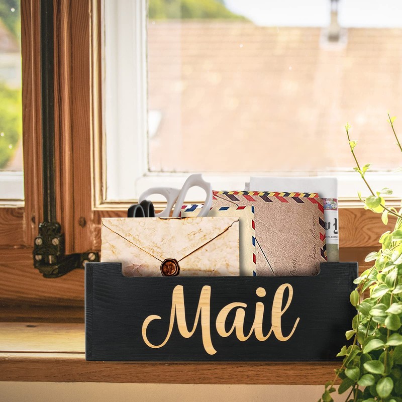 Mail Organizer Mail Holder Countertop, Rustic Wooden Mail Basket Mail