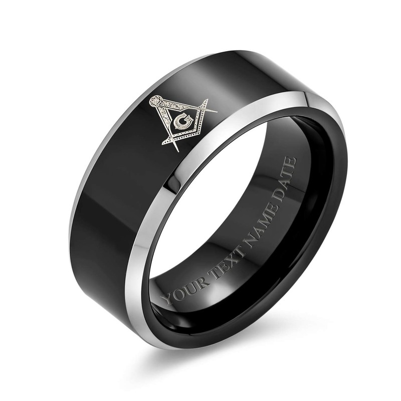 Mens Black Freemason Masonic Tungsten Comfort Fit Wedding Ring Band