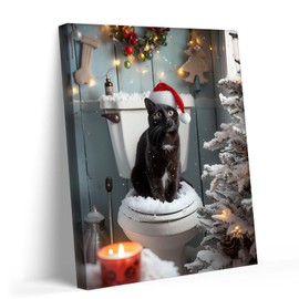 Christmas Bathroom Canvas Wall Art Decor - lovly Black Cat with Santa Hat on Snow-Covered Toilet, 8X10 inch Festive Decor for Bathroom, Fun Pet-Themed Christmas Artwork to Brighten Up Your Restroom