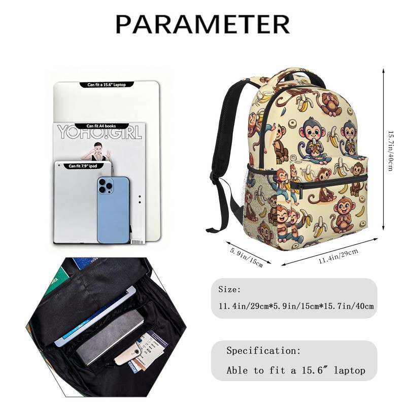 TRYYN Cute Monkey and Banana Casual Backpack, Lightweight Laptop Bag