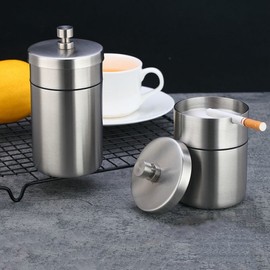Durable Odor-Blocking 304 Stainless Steel Ashtray with Lid for Outdoor Use Household