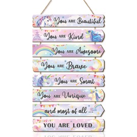 ANHUIB Unicorn Wooden Wall Hanging Sign Watercolor Unicorn Inspirational Positive Quotes Pink Rainbow You’re Brave Girls Room Wall Plaque Decor for Teens Girl Bedroom Princess Room