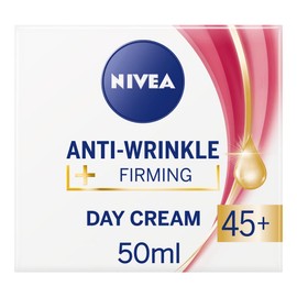 NIVEA Crema de día antiarrugas y reafirmante 45+ - Hidratante y reafirmante con aceite de almendra de albaricoque, manteca de karité y vitamina E - 1.7 fl oz