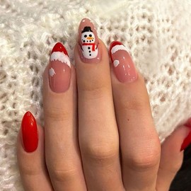 JUSTUSNX 24pcs Elliptic Christmas Fake Nails Red Long False Nails Snowflake Christmas Hat Press on Nails for Women and Girls (A)