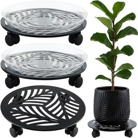 3 Packs 13 inches Large Metal Plant Caddy with PU Wheels Heav-duty Rolling Plant Stands Indoor Outdoor Wheeled Plant Dolly Coasters Flower Pot Mover Rollers Plant Trolley Cart, Plant Saucers Included