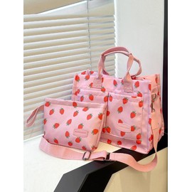 Solid Color/fruit/leopard Summer Fall Tote Bag Set, Tote Bag for Women, Everything Tote Bag for Women & Small Wristlet Bag, Trendy Commuting Work Bag Set, Everyday Bags Back To School, Girlfriend Gifts:_Red And White_Please Refer To The Pictures for Dimensions