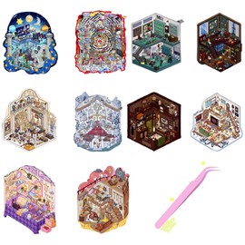 Retro Style 3D Miniature Scene 10 Sets of Stickers,DIY House Sticker Scene with Tweezers Make Your Own Cute Cartoon Sticky Pack for Adults Girls Relief Stress,Party Favors Birthday Gift
