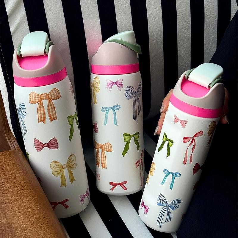 Bow Pattern Stainless Steel Vacuum Flask, 1 Count Portable Insulated