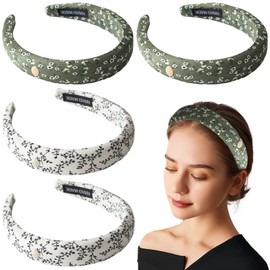 4 Pack Vintage Floral Headbands Fashion Padded Flower Head Band Non Slip Wide Headdress Green Leaves Plastic Headpiece Trendy Grace Hair Accessories Printed Decorate for Women Girls （Green, White）