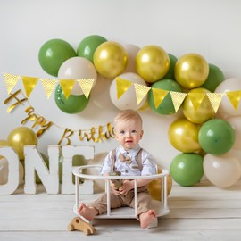 Unisun Green Birthday Decorations, Sage Green Gold Balloons Happy Birthday Banner and Bunting with Confetti Balloons, 12inch Happy Birthday Balloons, Green Party Decorations for Boys Men