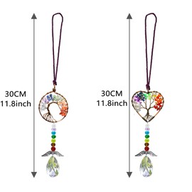 Healing Crystal Decor Tree of Life Car Hanging Accessories Suncatcher with Wings 7 Chakras Window Hanging Decor Meditation Ornaments Home Decoration (Heart+Round)