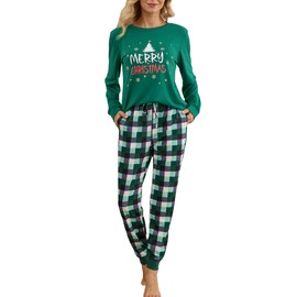 difficort Womens Christmas Pajama Sets Long Sleeve Pjs Plaid Pants 2 Piece Sleepwear with Pockets,Green Merry Christmas,Medium