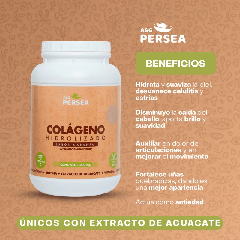 Colágeno Hidrolizado Persea Ácido Hialurónico Biotina Polvo Sabor Naranja