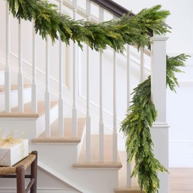 Somikis 6FT Christmas Garland Real Touch Norfolk Pine & Cedar Garland, Artificial Realistic Greenery Garland for Mantel Table Staircases Indoor Outdoor Christmas Decorations