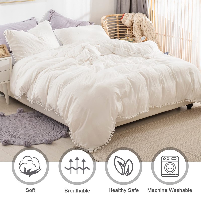 WONGS BEDDING White Duvet Cover Single Size Pompoms Tassels Design