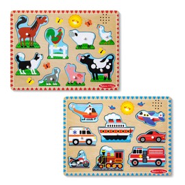 Melissa & Doug Wooden Light-Activated Sound Puzzle 2-Pack for Toddler and Preschool Boys and Girls – Farm Animals, Vehicles