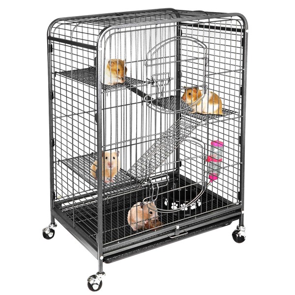 SUPER DEAL 37.2 Inches Metal Ferret Cage Chinchilla 4 Tiers Small Animal Cage with 3 Ladders/ 2 Front Doors/Food Bowl/Water Bottle/Slide Out Trays/Swivel Casters,Black