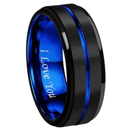 8mm Blue Groove Black Matte Finish Tungsten Carbide Wedding Band Ring Step Down Engraved I Love You Size 5 To 17 (8mm,9)