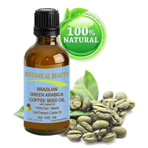 Brazilian GREEN ARABICA COFFEE SEED OIL. 100% Pure / Natural Cold Pressed Carrier Oil for Skin, Hair, Lip and Nail Care. Wrinkle Reducer, Skin Tone /Lift, Anti- Puffiness / Dark Circles, Anti Cellulite. (0.33 fl.oz-10ml.)