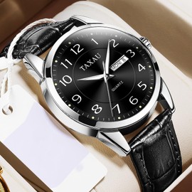 Taxau Black Face Men Watches Large Face Watches for Men Watch with Black Leather Band Men Waterproof Watch Easy to Read Dress Men Classic Watches with Calendar for Men Arabic Numerals Watches