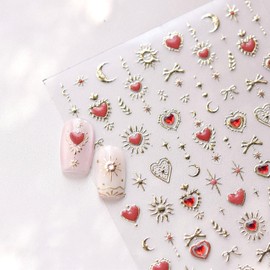NOVANOOK 3 Pcs Heart Nail Stickers, Heart Nail Decals Star and Moon Nail Stickers, Gold Nails Art Sticker