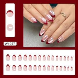 Red French Tip Press on Nails Short Almond Cat Eyes Nails Press Ons Red Fake Nails with Designs Summer False Nails Artificial Nails Gel Acrylic Glue on Nails French Stick on Nails for Women 24Pcs