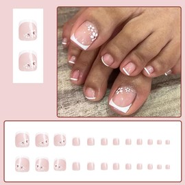 24 Pc Press on Toenails Short,YIHONGYAN Fake Toe Nails Press ons Toenail Tips White French Flower Rhinestone Acrylic Nail Art Kit Glue on Nails Full Cover Summer False Toenail Stick on Nails for Women