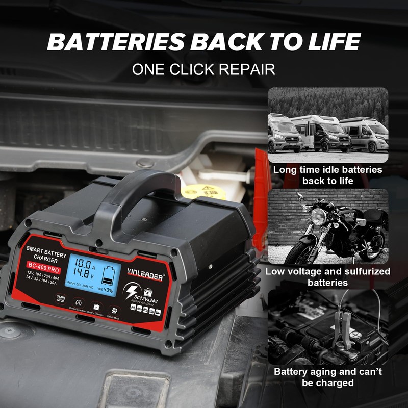 Battery Charger 40A, 12V/24V Lead Acid Smart Battery Charger, 12V