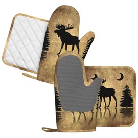 MIFSOIAVV Rustic Elk Moose Deer Forest Pine Tree Moon Design Oven Mitts and Pot Holders Sets Silicone Moose Kitchen Mitts Potholders Heat Resistant 4Pcs Moose Oven Gloves Hot Pads for Kitchen