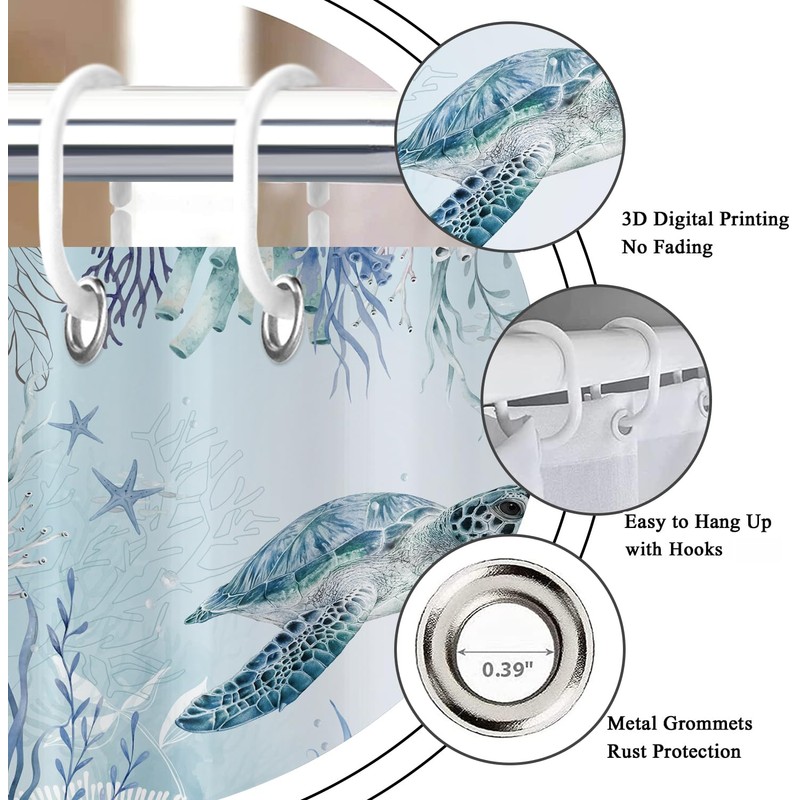 Caheansi Sea Turtle Shower Curtain, Teal Blue Ocean Beach Coastal