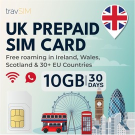 travSIM UK SIM Card | 10GB Data / 4G / 5G Speeds | Unlimited Calls | Use UK SIM in UK, Switzerland and More than 30 EU Countries | Plan on UK SIM is valid for 30 days