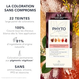 Phyto color - Tinte permanente para el cabello, marrón caoba muy claro 5.5, con pigmentos botánicos, cobertura de cabello 100% gris, sin amoníaco, sin