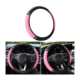Bling Soft Leather Steering Wheel Cover, 15 Inch Colorful Rhinestones Auto Elastic Steering Wheel Protector, Sparkly Crystal Diamond for Women Girls, Car Accessories for Most Cars (Pink)