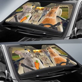 Rabbit Car Windshield Sun Shade Foldable Funny Car Front Window Sunshade,Pet Family Driver Auto Sunshield Animal Sun Shield Visor,Protector Block Cover for Car SUV Truck UV Rays 57x27.5 Inches