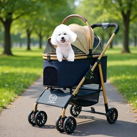 Small Pet Stroller, Gold All-Terrain Dog Carriage, Foldable Design with Canopy, Black and Beige Cat Stroller Detachable Carrier Suitable for Car Seat & Hand Carry, Safe Outings