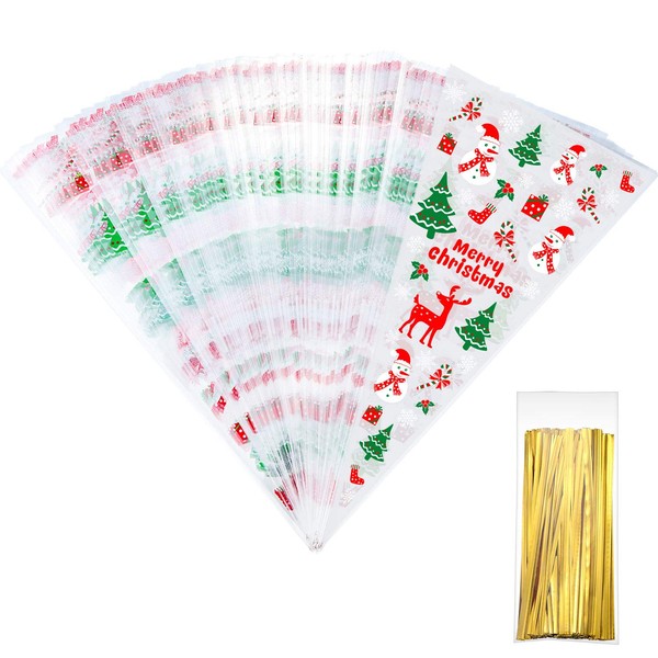 100 Counts Christmas Patterned Cone Cellophane Bags Treat Candy Bags with 100 Pieces Gold Twist Ties for Christmas Party Favor(Color C)