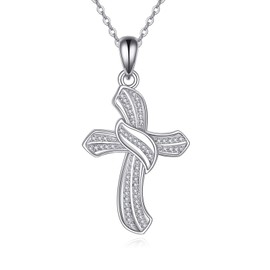 YAFEINI Cross Chain 925 Sterling Silver Religious Cross Pendant Necklace with Engraving Faith Hope Love Jewellery for Women Girls Boys, Sterling Silver, Cubic Zirconia