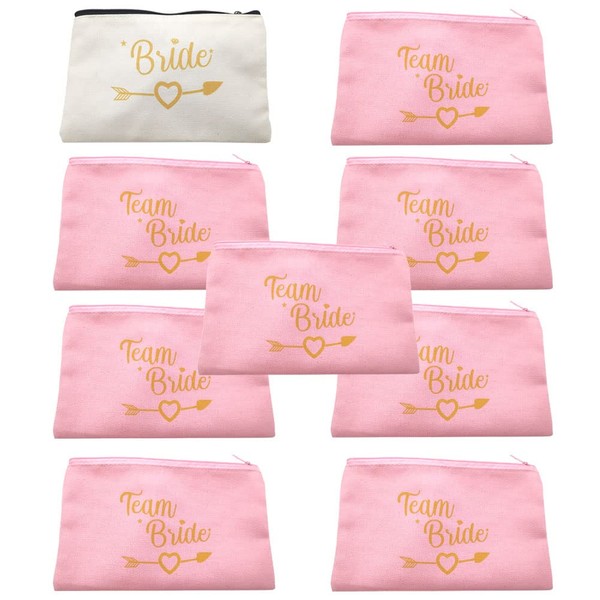 Pack of 9 Bridal Team Bride Canvas Makeup Bag JGA Cosmetic Bags Bridal Shower Present, JGA Party Accessories Stag Night Party Bag Decoration for Wedding, Engagement, Bridal Present