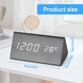Black Wooden Alarm Clock, Digital Alarm Clock with Temperature Display, with LED Display, 3 Brightness Dimmers, Loud Alarm, USB Charging Port, 12/24 Hours, Suitable for Children, Teenagers