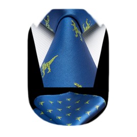 HISDERN Dinosaur Tie for Men Blue Ties Handkerchief Novelty Animal Pattern Wedding Necktie & Pocket Square Set
