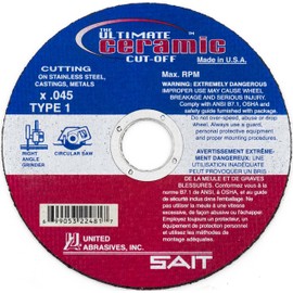 United Abrasives-SAIT 22480 Type 1 High Performance Cutting Wheel, 4-1/2 x .045 x 7/8, Ultimate Ceramic, 50 Per Box