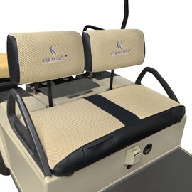 CHENGWEI Golf Cart Seat Covers for Club Car DS Pre-2000 Front Standard Seat,Breathable Air Mesh and Leather,Adjustable Straps and Drawstring No Nails Required,Front Storage Pouch(Beige)