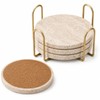 Travertine Coasters with Gold Holder, Set of 4 Natural Stone,