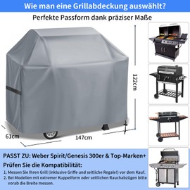wiipara Grillabdeckung Wetterfest mit Grillbürste, Gasgrill Abdeckung Grill Abdeckhaube, Wasserdicht, Winddicht, UV-Schutz, Grillhaube aus 100% Polyester mit PU-Beschichtung, 147 x 61 x 122 cm, Grau