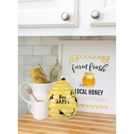 Hanna's Handiworks Bee Happy Honey Hive Mini Cookie Jar – Ceramic Bee Hive Pot Canister with Lid for Sweets & Treats, Tea, Desserts – Kitchen Countertop Decor for Parties at Home, Office, & School