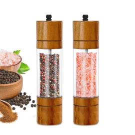 Upgraded Wooden - Acacia Wood Salt Grinder and Pepper Grinder Set Premium Acrylic Salt and Pepper Mill Set, Manual Salt and Pepper Mills- Wooden Shakers with Adjustable Ceramic Core 8 Inches 2 Pack