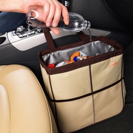 Creathing Leakproof Car Trash Can [3 Gal] Slim Design Garbage Bin– Universal Fit in Cars, Trucks, SUVs, for Floor, Console or Seat Hanging (Beige)