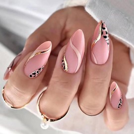 Vatocu French False Nails Almond Short Pink Blue False Nails Glitter Golden Lines Acrylic Stick on Nails for Women and Girls (Pack of 24) (French 3)